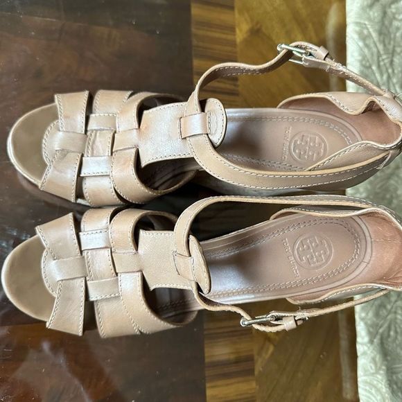 Tory Burch Leather Wedge Strappy Slingback Sandals Cork - Picture 4 of 9